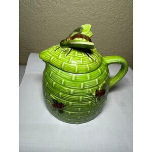 Vintage Beehave Honey Pot Jar Pitcher with Lid Ceramic 3D Bees Rare Green 0052